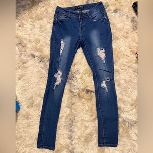 Fashion Nova Dark Blue Distressed Skinny Jeans